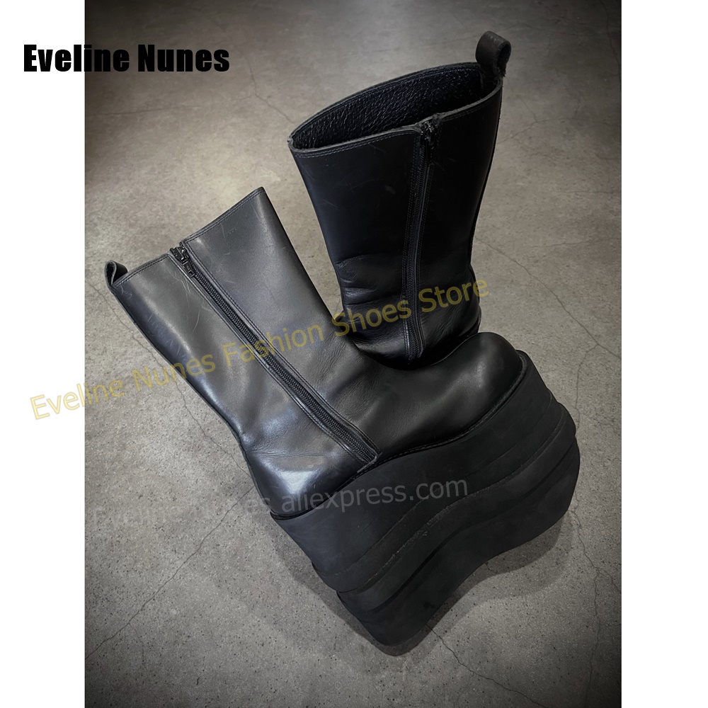 Street Fashion Y2K - Round Toe Multi-Layer Wavy Platform Mid